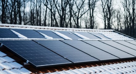 Solar panels on a tiled roof covered with snow on a bright sunny winter day with trees in background