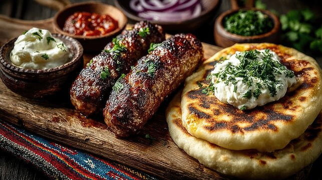 Bosnia and Herzegovina dish Cevapi Grilled minced meat sausages served with flatbread and onions