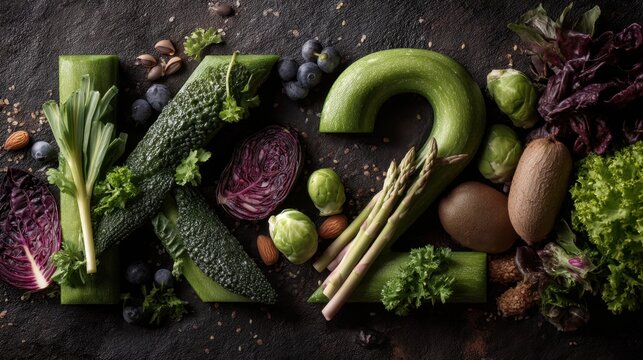 Fresh Green Vegetables Number K2 and Ingredients on Dark Surface