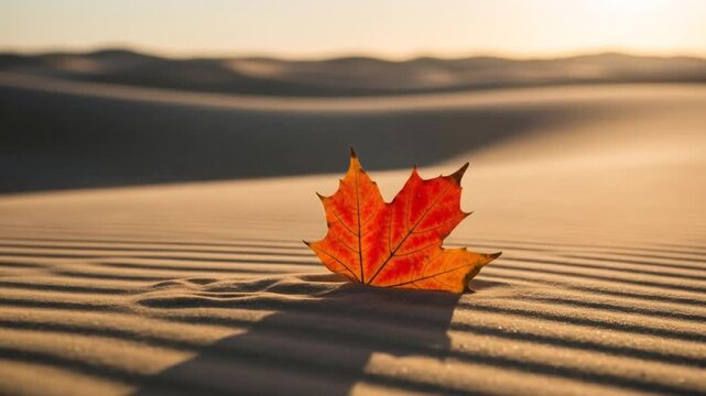 Golden Hour Desert Dune Sand Ripples With Single Orange Maple Leaf
