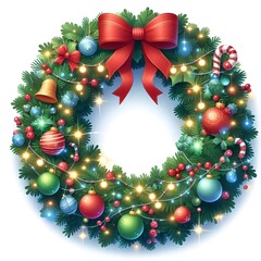 christmas wreath with red ribbon and baubles on white background