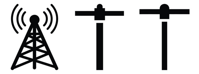 antenna minimal flat icon set, black color and white background