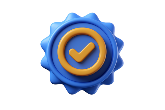 3D Blue Badge with Yellow Check Mark and Circle on White Background Keywords: 3D, badge, check mark, tick, approved, verified, confirmation, symbol