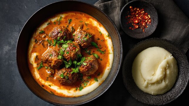 Central African Republic dish Kanda Ti Nyma Spicy meatball stew with peanut sauce served with fufu