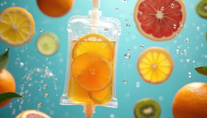 Close-up shot of clear IV drip bag filled with vibrant citrus juice. Fresh orange lemon lime grapefruit, kiwi slices float within liquid. Image represents healthy hydration, vitamin infusion for