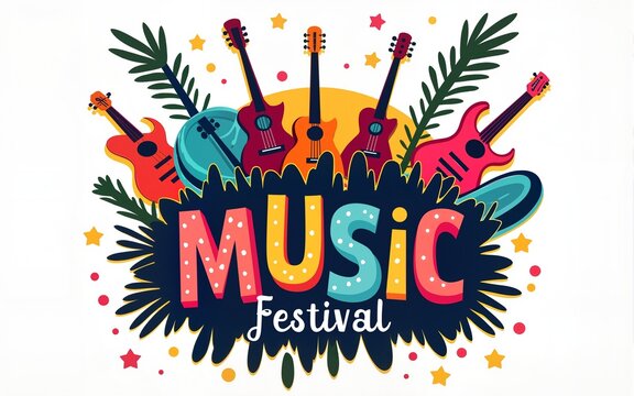 A vibrant logo for a music festival, showcasing instruments and fun elements. High quality