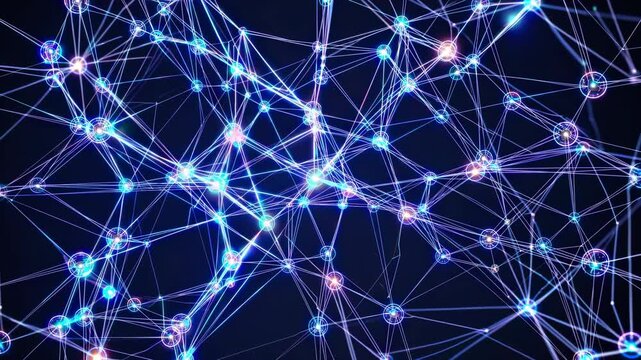 Shining lights in a neural web illustrate a brain-like network. Each digital connection represents neurons linked by data. This system reflects modern technology and deep digital connectivity.