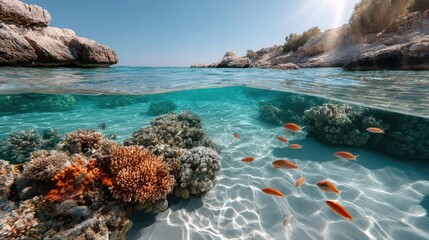 Split level view of vibrant coral reef teeming with small orange fish under bright sunlight and clear turquoise ocean water with rocky coastline in background