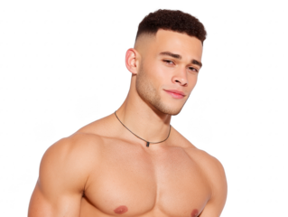 Shirtless muscular man with short curly hair, light skin, and confident smile wearing simple black necklace, isolated on transparency background, fitness and fashion concept