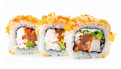 uramaki sushi with tempura crab claw isolated on white background 