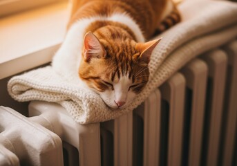 A ginger cat sleeping comfortably on a warm radiator. Cozy domestic pet resting on a knitted blanket in a warm home