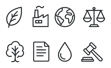 Sustainability icons: environment, industry, earth, justice, law, nature, water