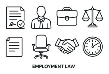 Black icons representing employment law with office symbols and legal elements