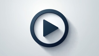 Dark blue play button icon with circle, triangle on light background. Modern 3D graphic symbol for starting media content, video, audio. Digital interface element for web, app, tech, online broadcast.