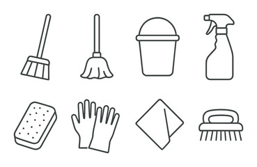 Cleaning supplies icons: broom, mop, bucket, spray bottle, sponge, gloves, cloth, brush