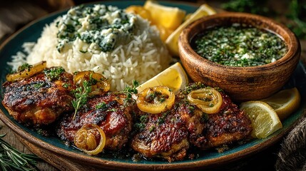 Fototapeta premium Guinea dish Poulet Yassa Grilled chicken marinated in onions and lemon tangy and caramelized