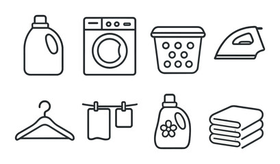 Laundry symbols: washing machine, detergent, iron, and basket icons on dark background