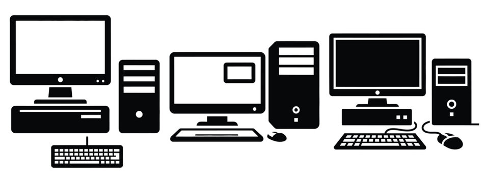 desktop computer minimal icon set, black color and white background