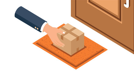 Obraz premium Isometric package delivery concept with hand and doorstep on white background