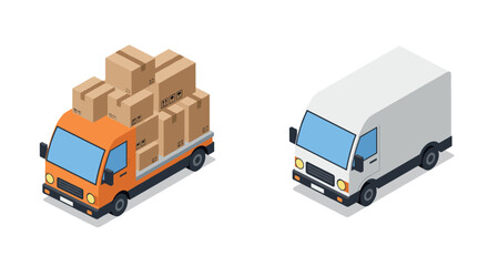 Isometric cargo and delivery trucks with cardboard boxes on a white background