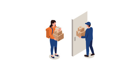 Isometric package delivery concept with courier and customer interaction at the door