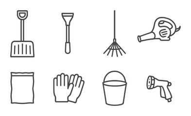 Silhouette icons of essential gardening tools and equipment for outdoor maintenance