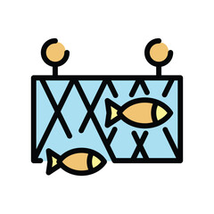 A rectangular net with two spheres at the top and two fish inside