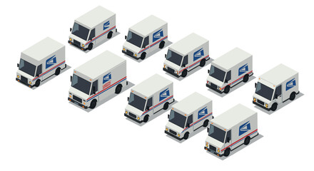 Obraz premium Isometric delivery trucks with postal service branding in various angles