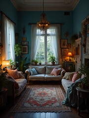 Cozy vintage living room interior with warm lighting and classic decor