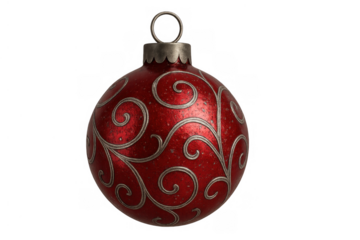 Red christmas ornament bauble decorating holiday season celebrations with elegant silver swirls, transparent background