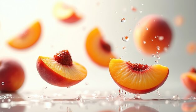 Fresh peach slices with water droplets fall and float. Juicy ripe fruit segments splash in liquid. Sweet summer organic food for healthy eating and recipes.