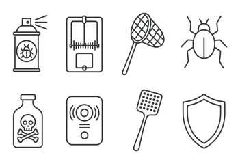 Pest control icons set featuring trap, bug spray, and swatter