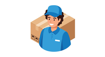 Delivery service worker in uniform with cardboard box on white background