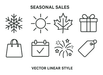 Seasonal sales icons: snowflake, sun, leaf, gift, bag, calendar, fireworks, tag
