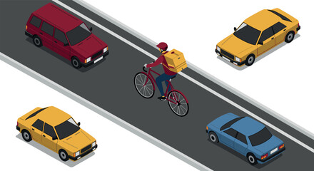 Isometric urban traffic scene with cyclist and colorful cars on road