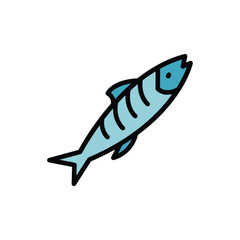 A simplified cartoonstyle fish in light blue with dark outlines featuring curved markings on its side