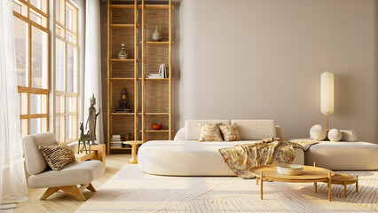 Wide angle Japandi living room interior with balanced negative space, cozy wooden furniture and soft daylight ideal for text or copy space. 3D illustration
