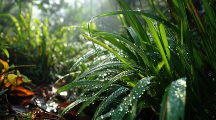 Fototapeta premium Fresh Morning Dew on Green Grass in Serene Nature Background
