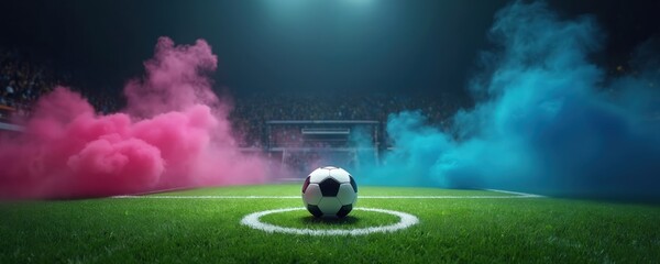 Soccer ball on center of green football field in stadium. Pink, blue smoke represents confrontation between two rival teams. Epic background for final match, championship even gender reveal party
