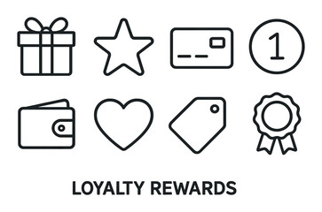 Loyalty rewards icons: gift, star, card, coin, wallet, heart, tag, ribbon