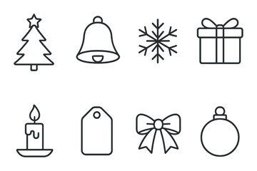 Gray christmas icons: tree, bell, snowflake, gift, candle, tag, bow, ornament
