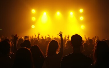 Concert crowd shadows against vibrant yellow stage lights. silhouette concept. High quality