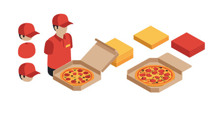 Isometric pizza delivery set with uniformed worker and open boxes