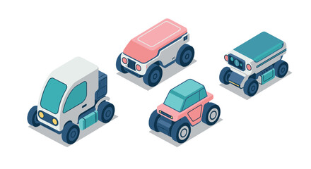 Modern isometric future cars in minimalist style featuring compact electric vehicles