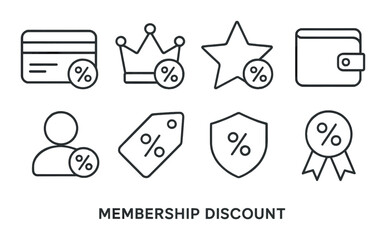 Membership discount icons: cards, crown, star, wallet, profile, tag, shield, ribbon