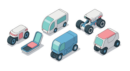 Futuristic isometric vehicles set innovative transportation concepts with unique designs