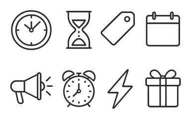 Icons of time, tag, calendar, megaphone, alarm, energy, and gift on textured background