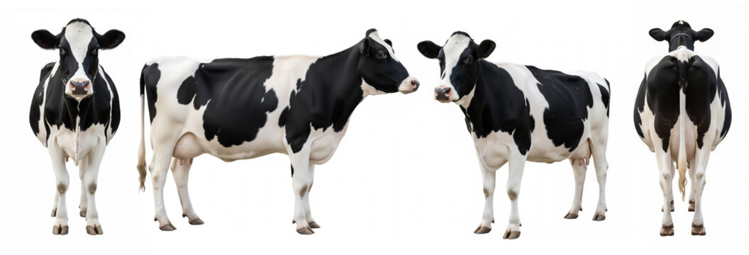 Front, Side, and Rear of a Friesian Cow. Agricultural, Food Industry. Isolated on a White Background. Black & White Holstein Dairy Cows Standing in Various Poses. Dairy Production, Livestock Farming