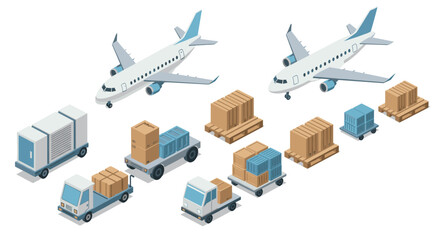 Isometric air cargo logistics with airplanes and delivery trucks