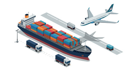 Transportation and logistics isometric view of ship, plane, and trucks